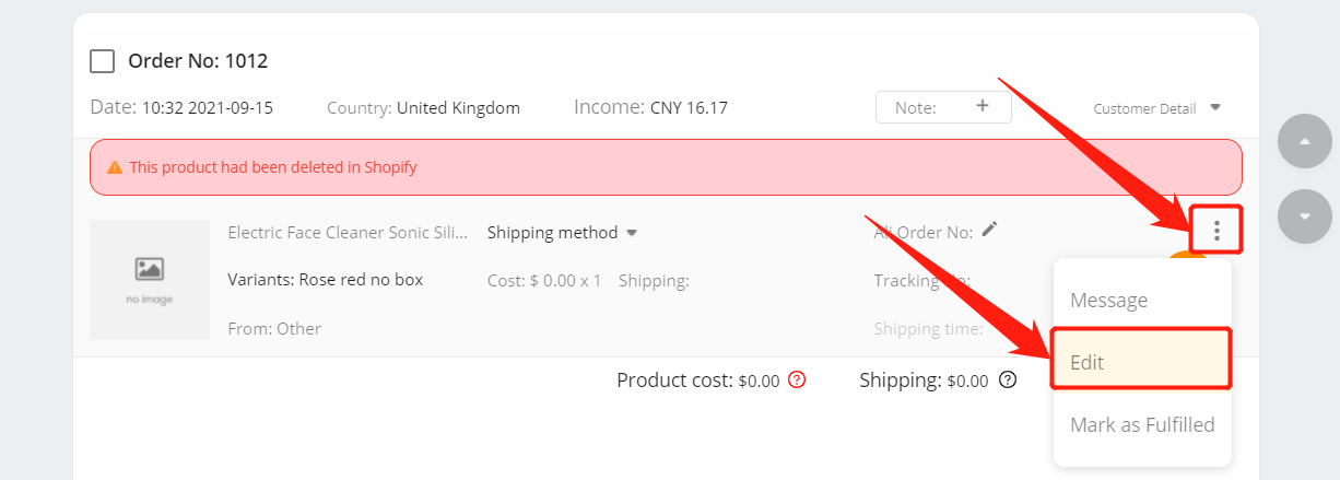 Re-order an order with deleted product - Edit - Shopify DSers