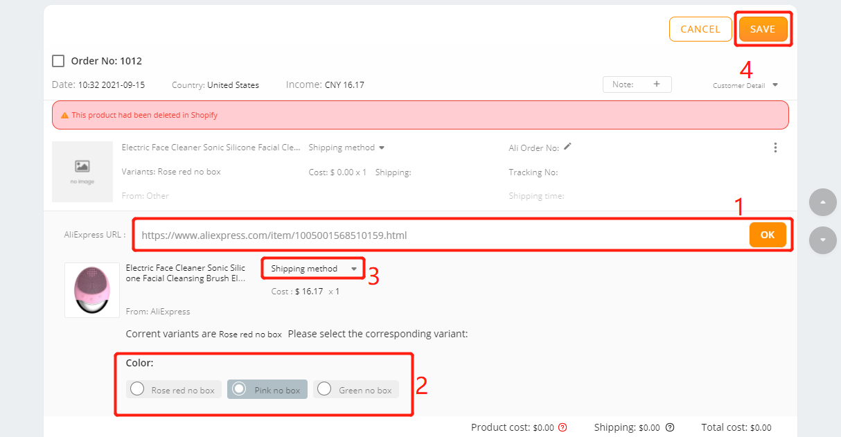 Re-order an order with deleted product - follow the steps and click SAVE - Shopify DSers
