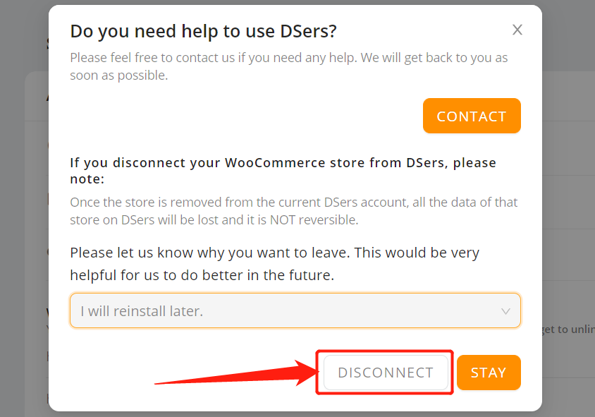 Remove a WooCommerce store - Click DISCONNECT - Woo DSers