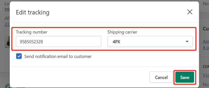 Send tracking number manually - Save tracking - Shopify DSers