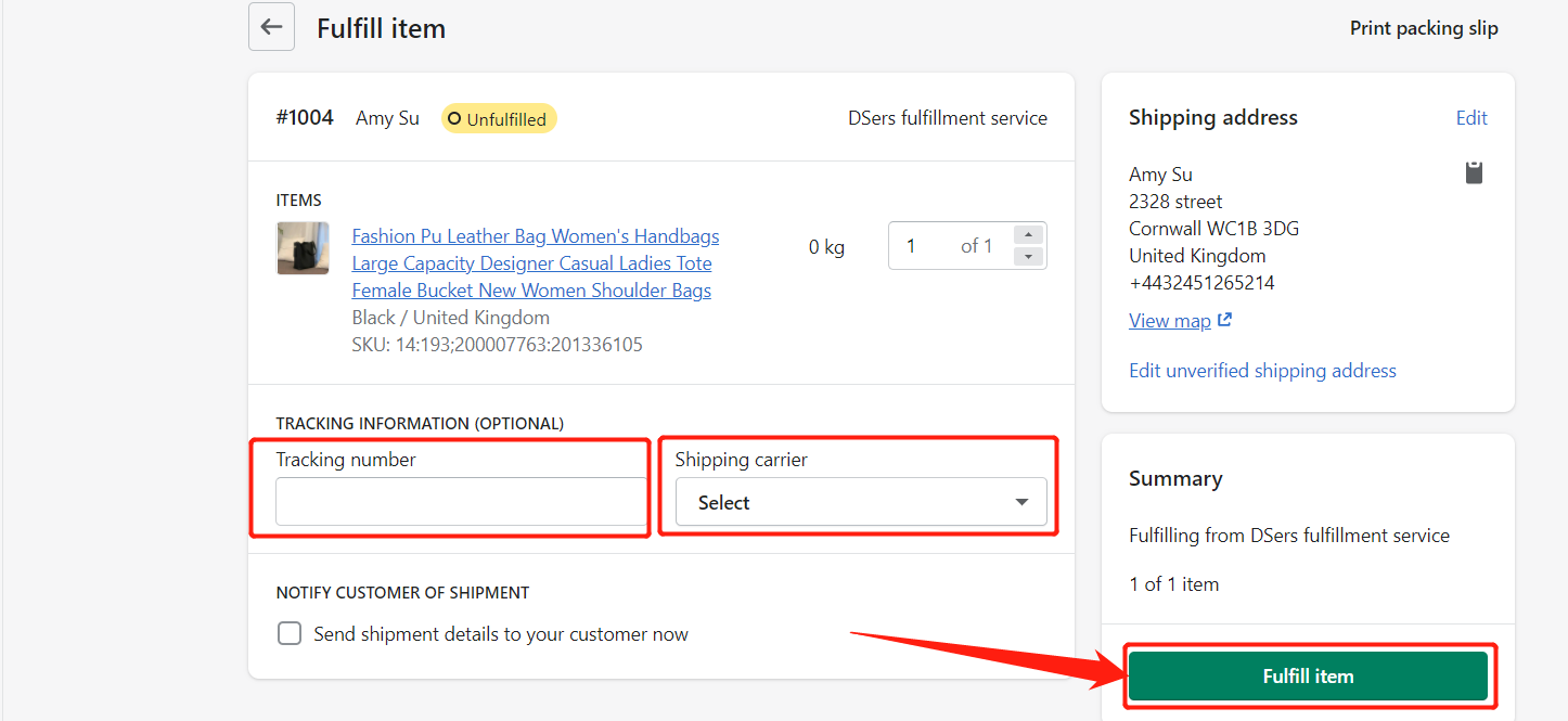 Send tracking number manually - Click on Fulfill item - Shopify DSers