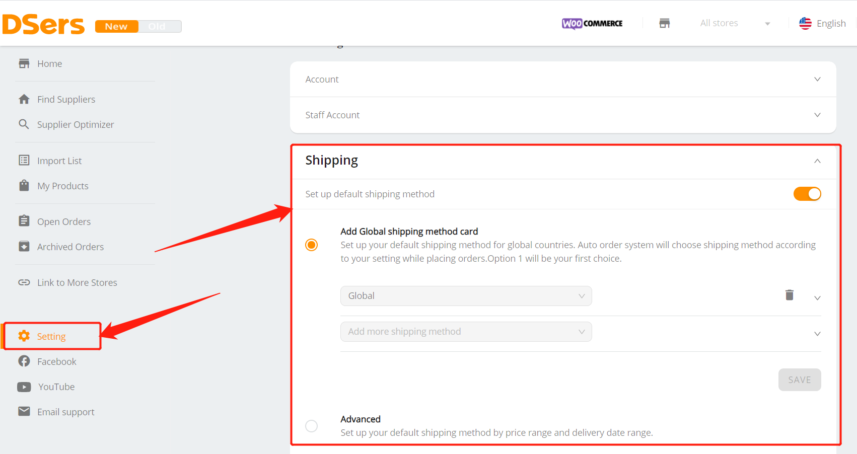 Set shipping method for all products with Woo DSers - Access shipping setting - Woo DSers