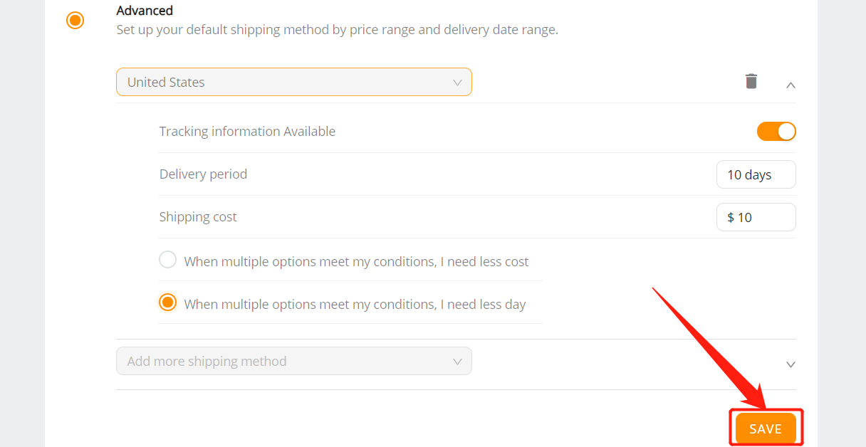 Set shipping method for all products with Woo DSers - Save advanced shipping method - Woo DSers