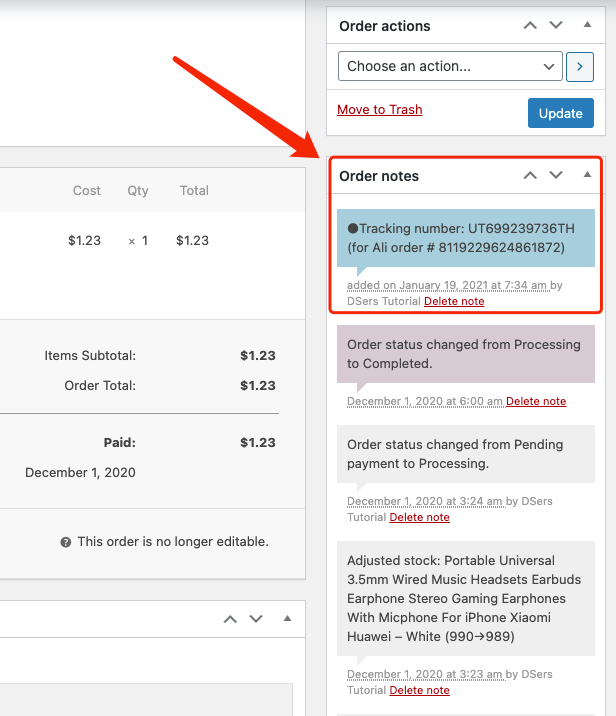 Set tracking for your orders with Woo DSers - Order notes - Woo DSers