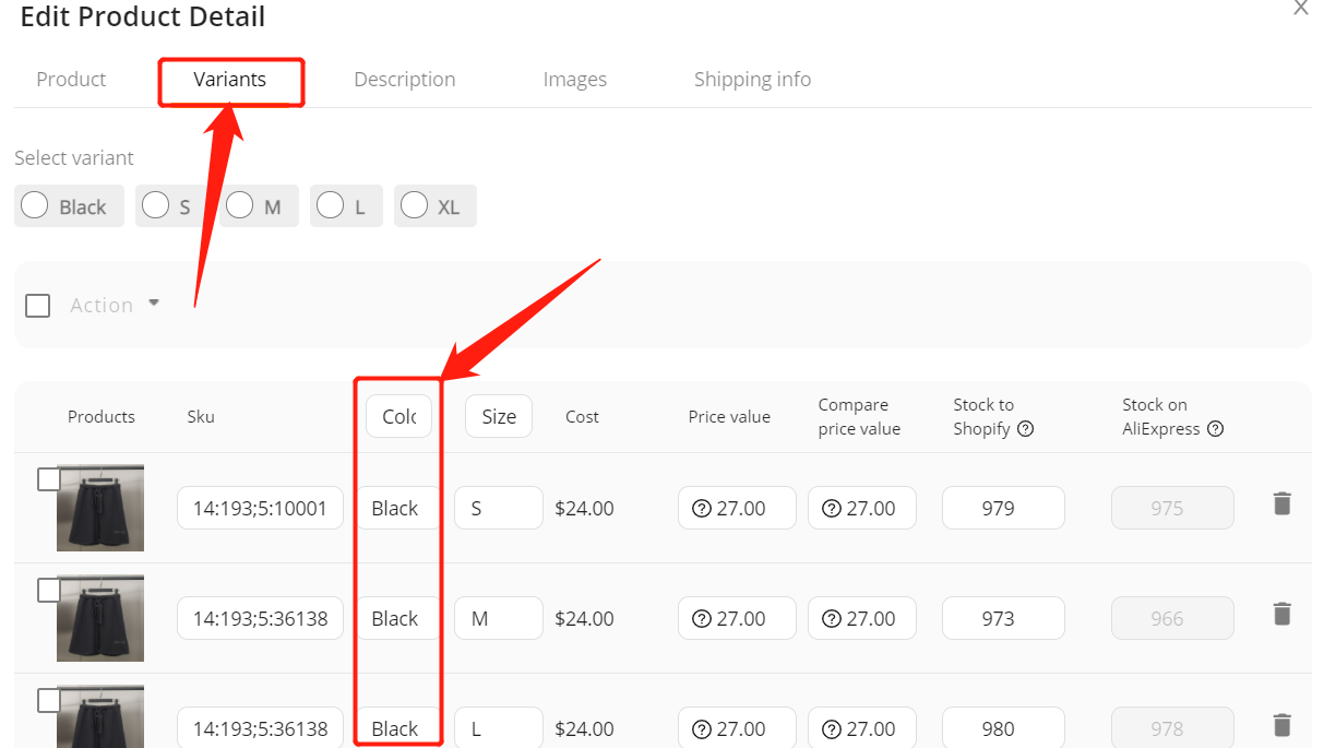 Split a product - same color - Shopify DSers