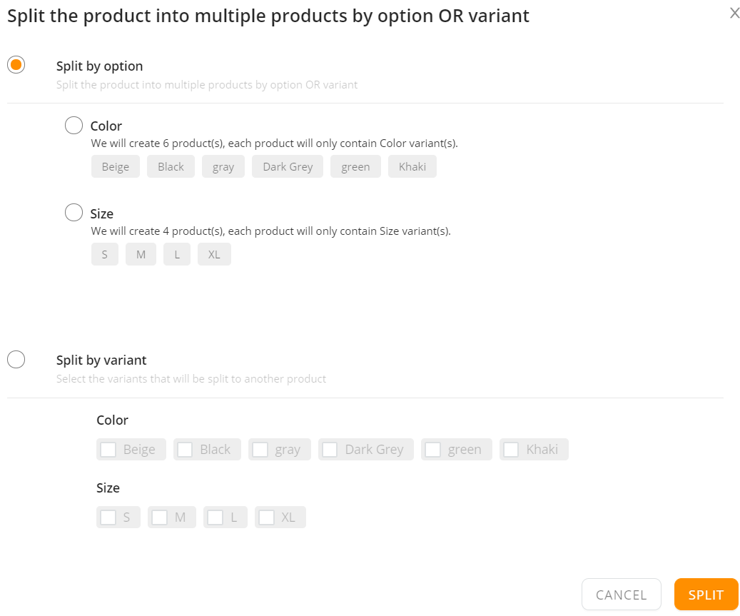 Split a product - Split option - Shopify DSers