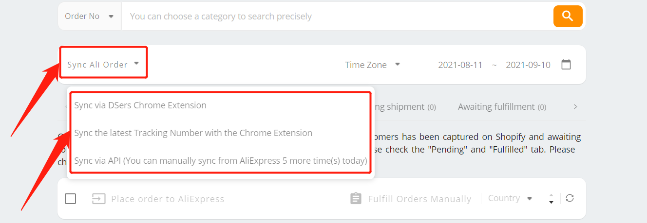 Synchronize AliExpress orders status - click Sync Ali Order - Shopify DSers