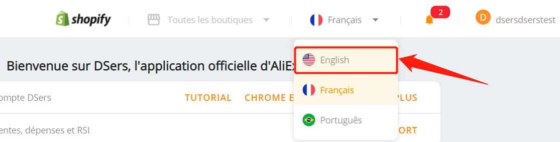 Use DSers in English - Select English - DSers
