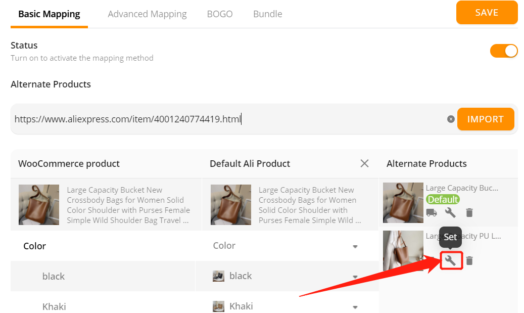 Add a variation to a product - Click on Set - Woo DSers