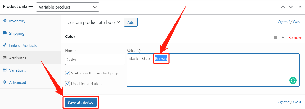 Add a variation to a product - Save attributes - Woo DSers