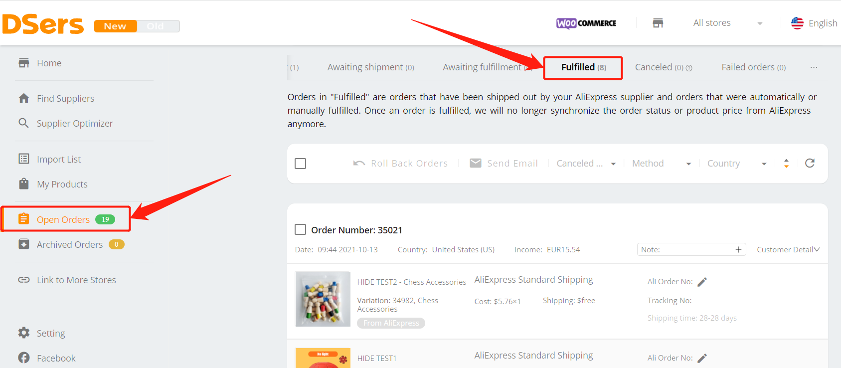 Cancel fulfillment of an order on DSers - Access Fulfilled tab - Woo DSers