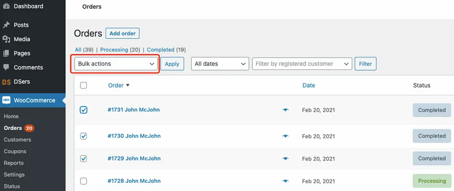 Cancel fulfillment of an order on WooCommerce - click on Bulk actions - Woo DSers