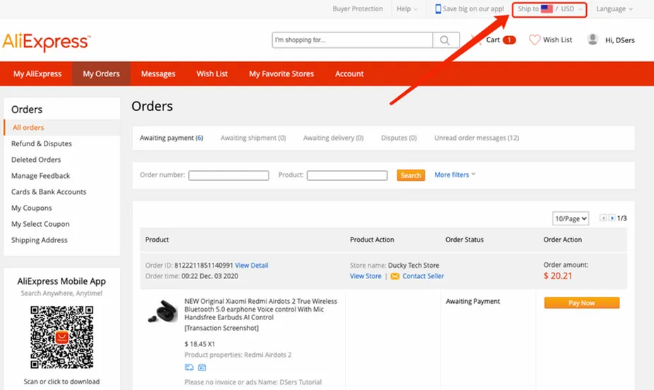 Change currency to pay on AliExpress - find the currency - Woo DSers