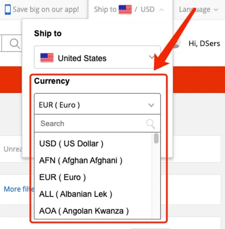 Change currency to pay on AliExpress - EUR example - Woo DSers