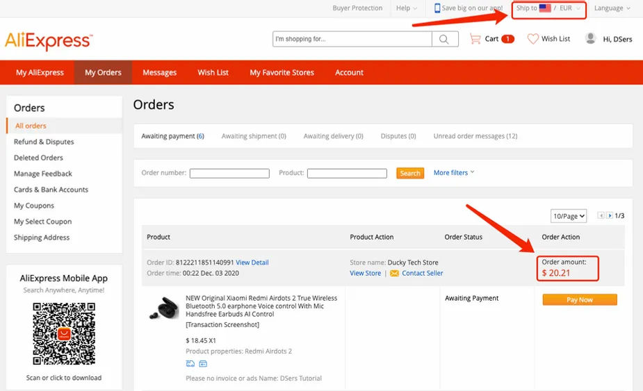 Change currency to pay on AliExpress - the order amount will still appear in USD - Woo DSers