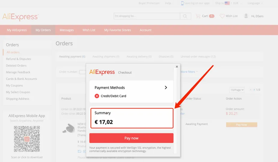 Change currency to pay on AliExpress - click Pay Now - Woo DSers