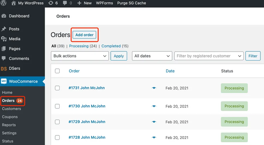 Change quantity of an order - Access Orders and click on Add order - Woo DSers