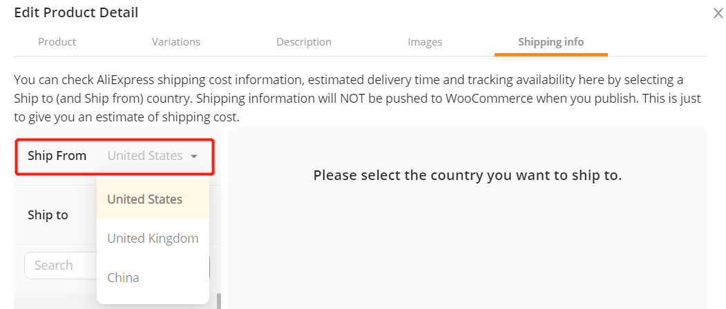 Check available shipping methods with Woo DSers - Shipping from - Woo DSers