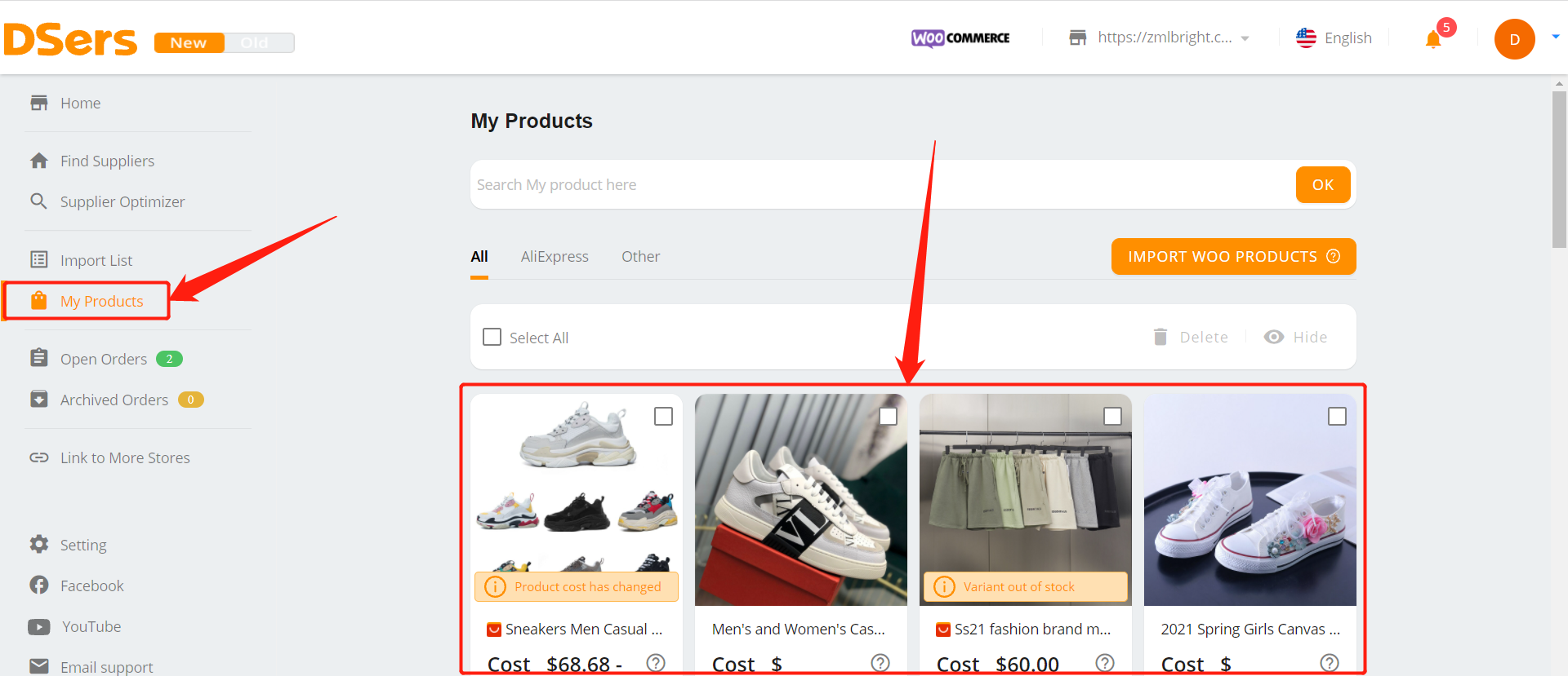 Connect AliExpress suppliers to your products with Woo DSers - Access My Products - Woo DSers