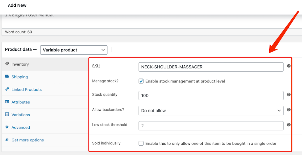 Create a product on WooCommerce with Woo DSers - More settings in Inventory - Woo DSers