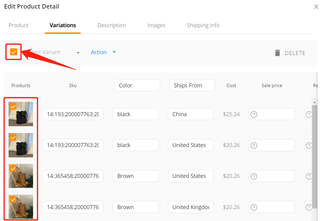 Edit a product on Woo DSers - Select all variations - Woo DSers
