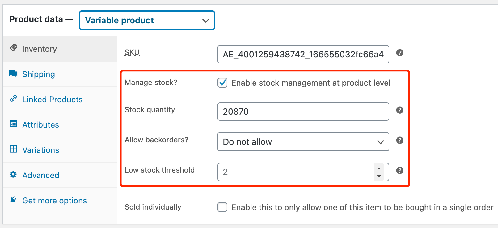 Edit a product on WooCommerce with Woo DSers - Inventory details - Woo DSers