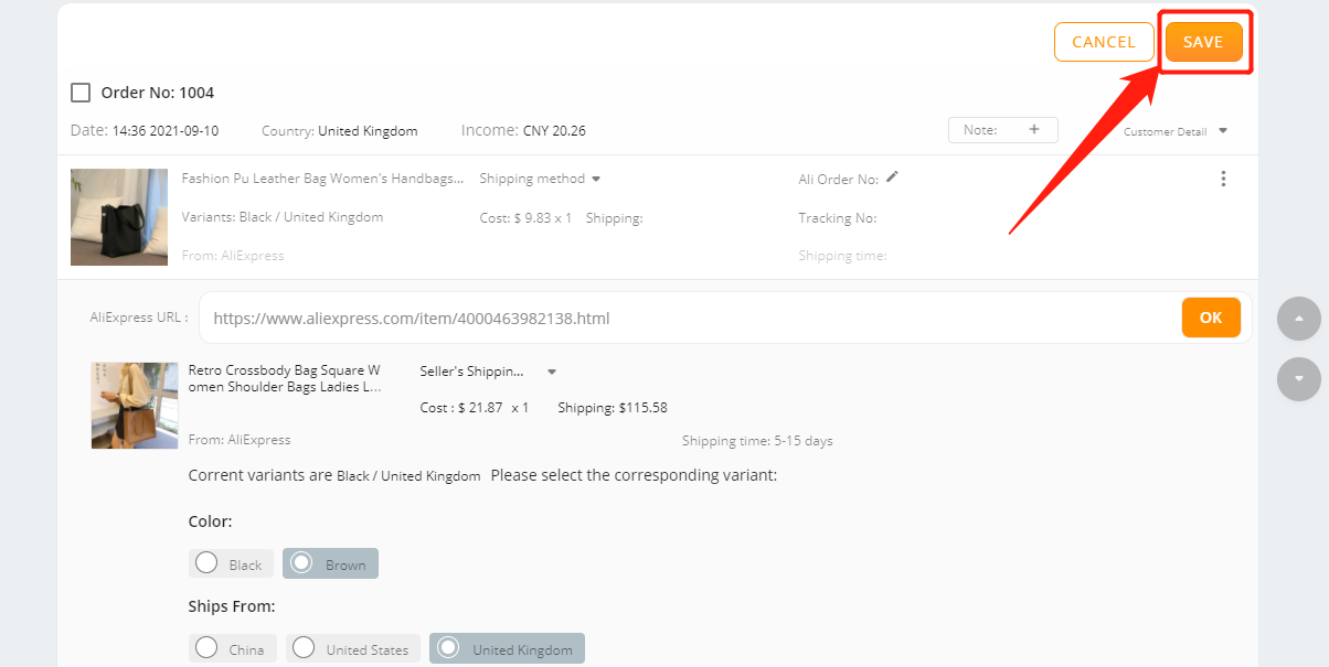 Edit an order on DSers - click SAVE - Woo DSers