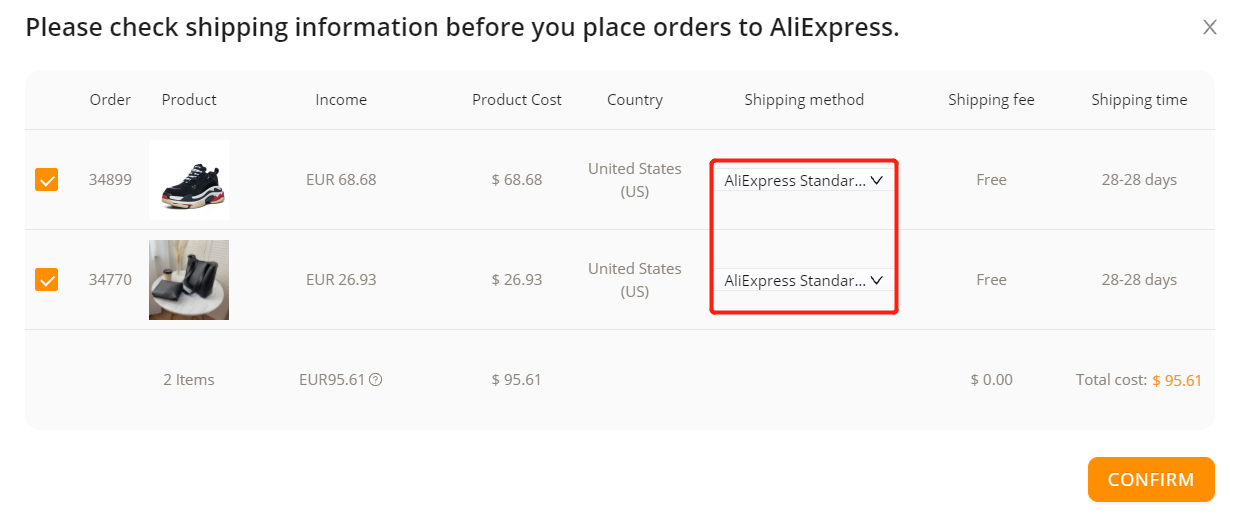 Fulfill multiple orders from start to finish - check Shipping method - Woo DSers