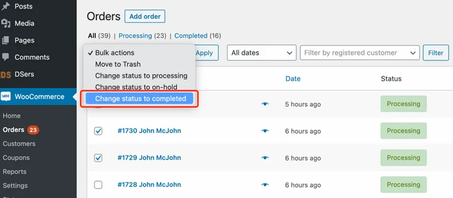 Fulfill orders manually on WooCommerce with Woo DSers - Change status to completed - Woo DSers