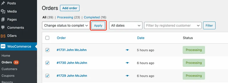 Fulfill orders manually on WooCommerce with Woo DSers - Click on Apply - Woo DSers