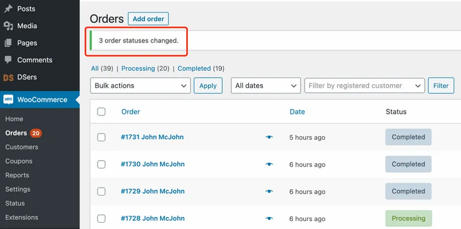 Fulfill orders manually on WooCommerce with Woo DSers - Order statuses changed - Woo DSers