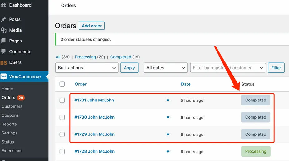 Fulfill orders manually on WooCommerce with Woo DSers - Orders marked as completed - Woo DSers