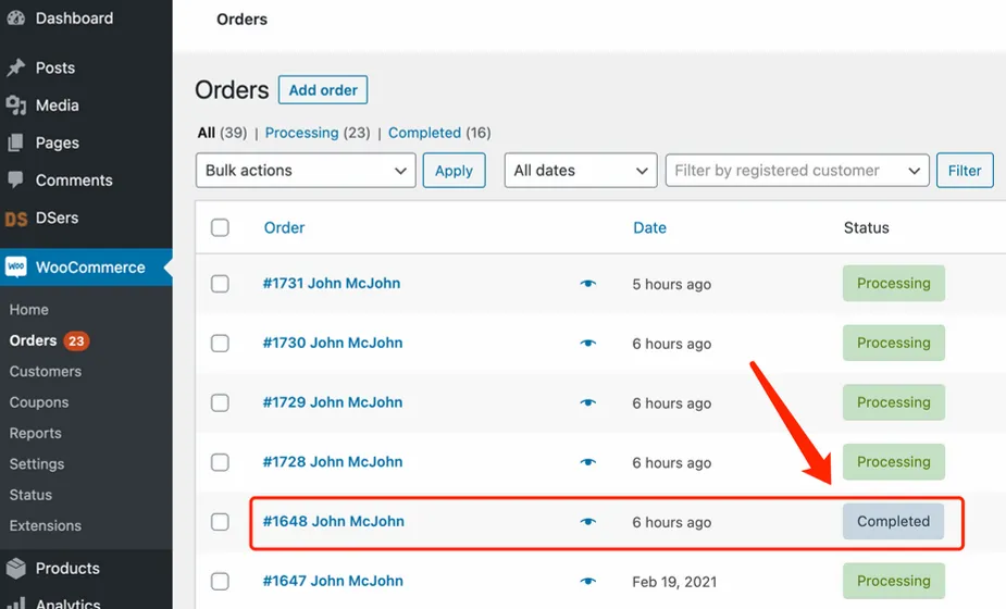 Fulfill orders manually on WooCommerce with Woo DSers - Order marked as Completed - Woo DSers