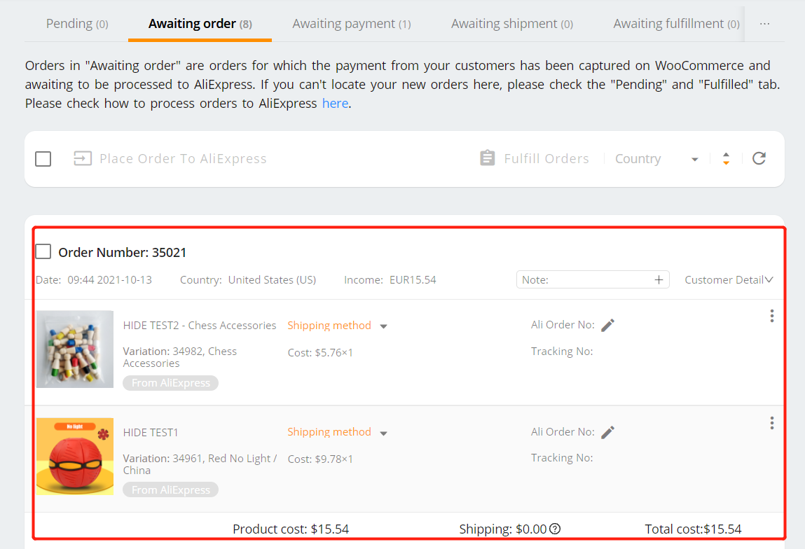 Hide a product with Woo DSers - Example of awaiting order page with unhidden product - Woo DSers