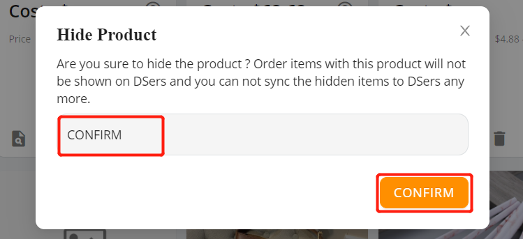 Hide a product with Woo DSers - Confirm hiding the product - Woo DSers
