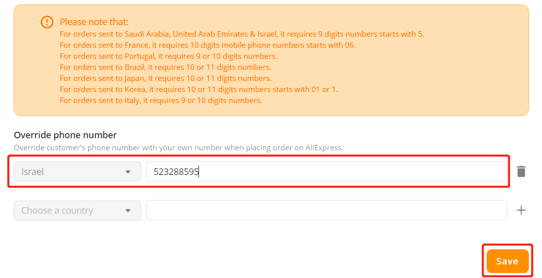 Orders to Israel specifications - enter phone number - Woo DSers