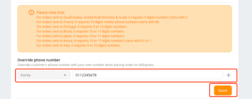 Orders to Korea specifications - enter phone number and click Saves - Woo DSers