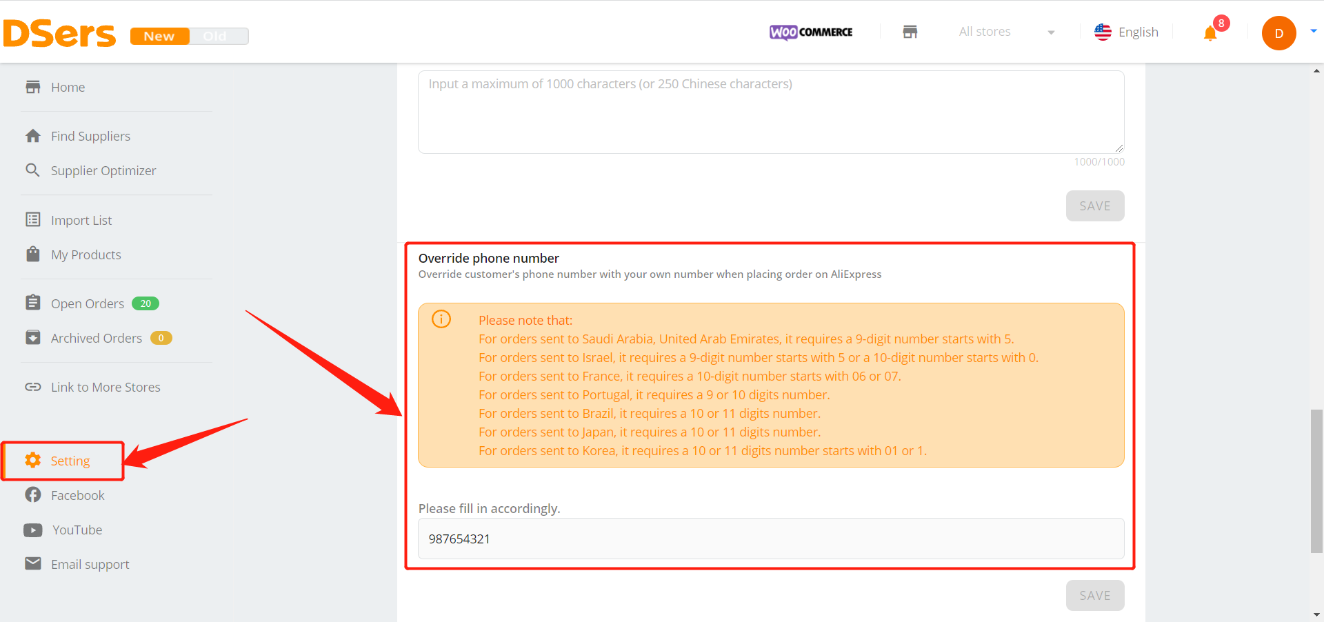 Orders to Saudi Arabia & UAE specifications - Access Other in Setting - Woo DSers