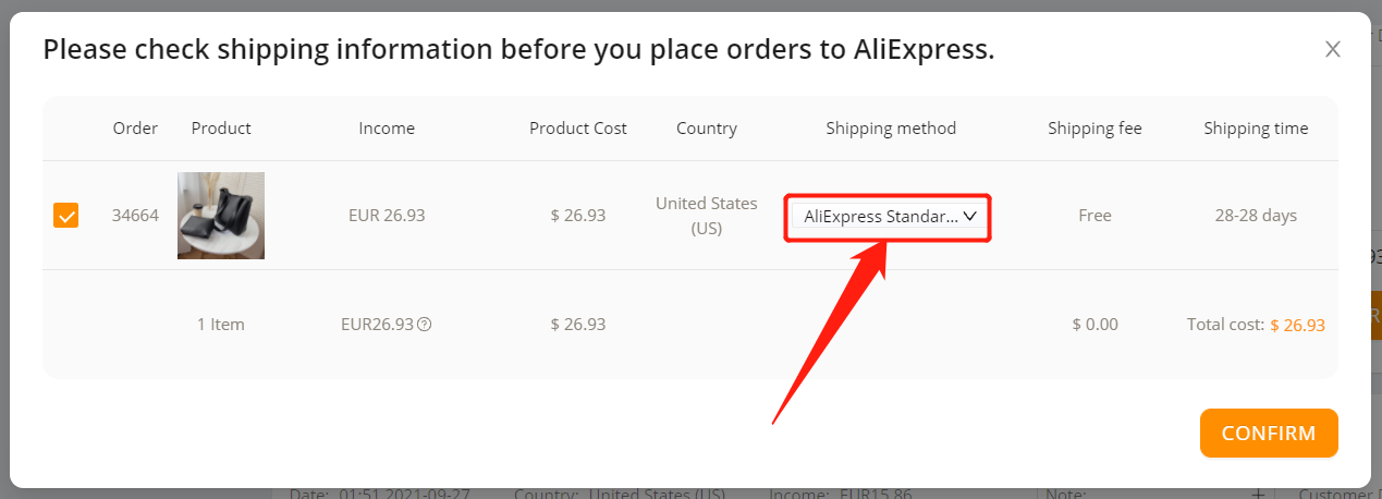 Place an order from WooCommerce to AliExpress - check the order shipping setting - Woo DSers