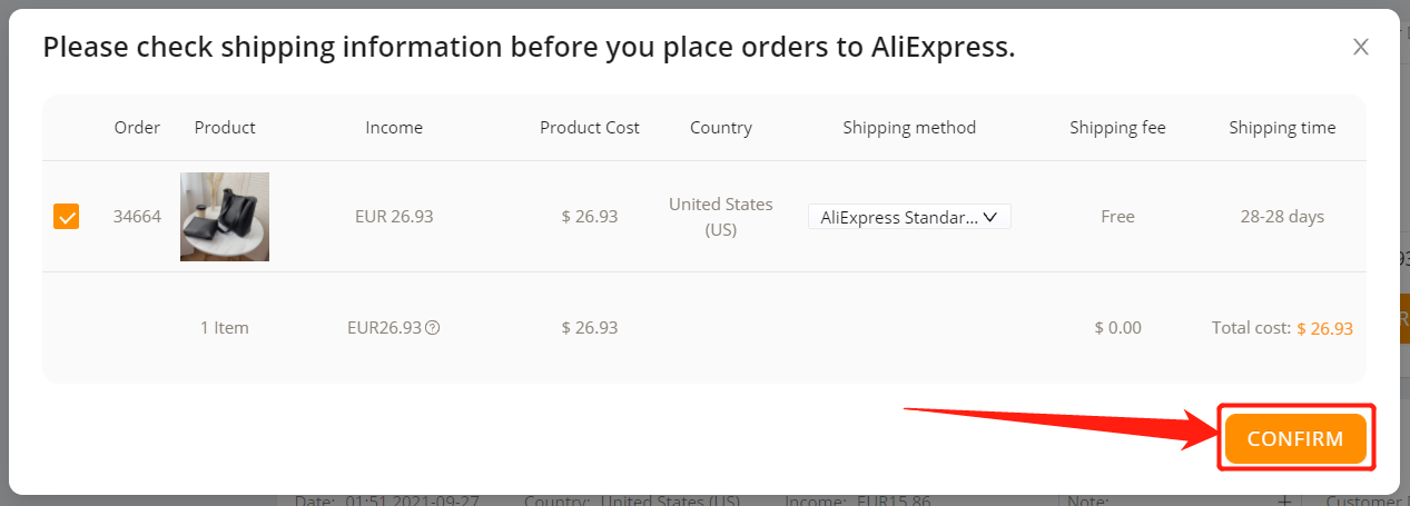 Place an order from WooCommerce to AliExpress - click CONFIRM - Woo DSers