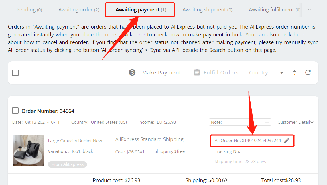 Place an order from WooCommerce to AliExpress - Awaiting payment - Woo DSers