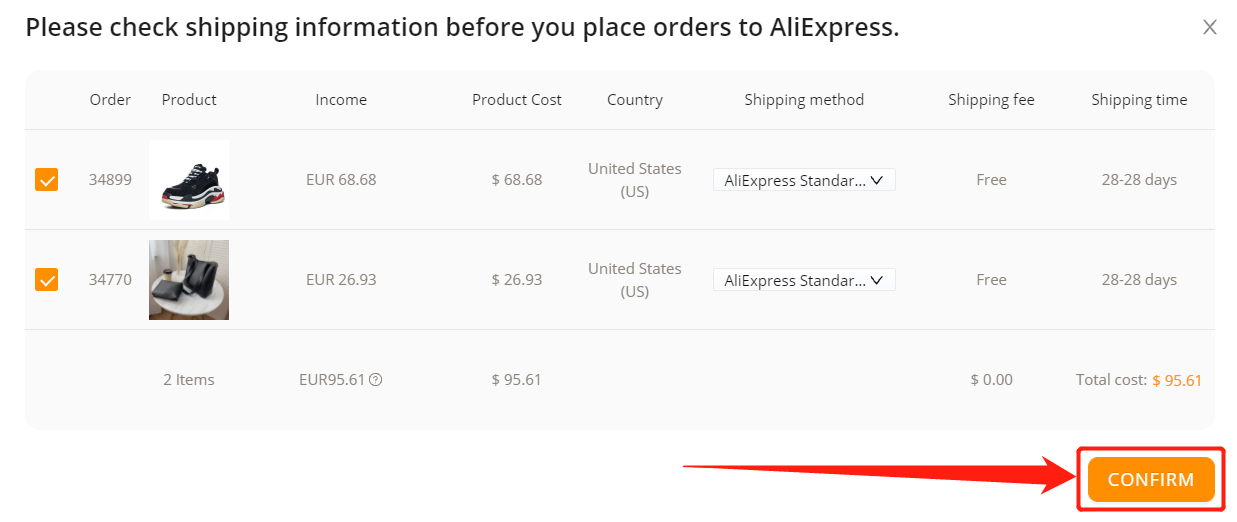 Place multiple orders from WooCommerce to AliExpress - click CONFIRM - Woo DSers