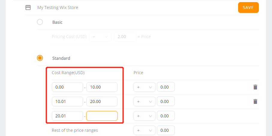 Pricing Rule - Standard Pricing Rule - Cost Range - Wix DSers