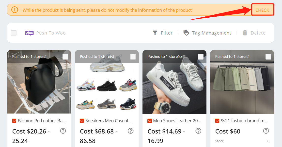 Push a product to your WooCommerce store with Woo DSers - click CHECK - Woo DSers