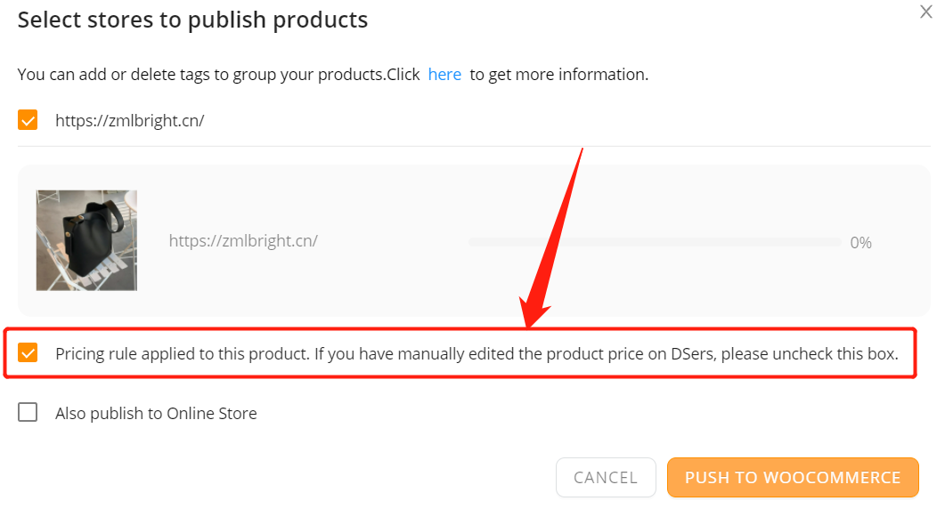 Push a product to your WooCommerce store with Woo DSers - apply pricing rule - Woo DSers
