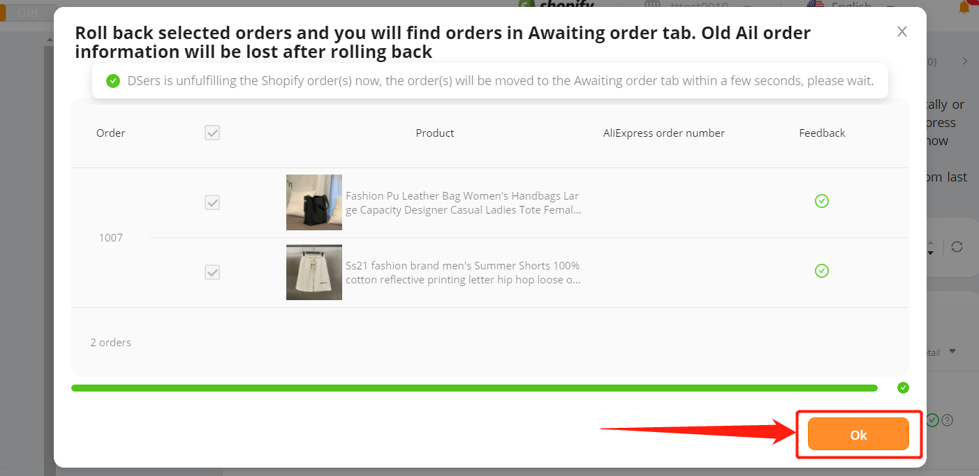 Re-order Awaiting fulfillment order - click OK - Woo DSers