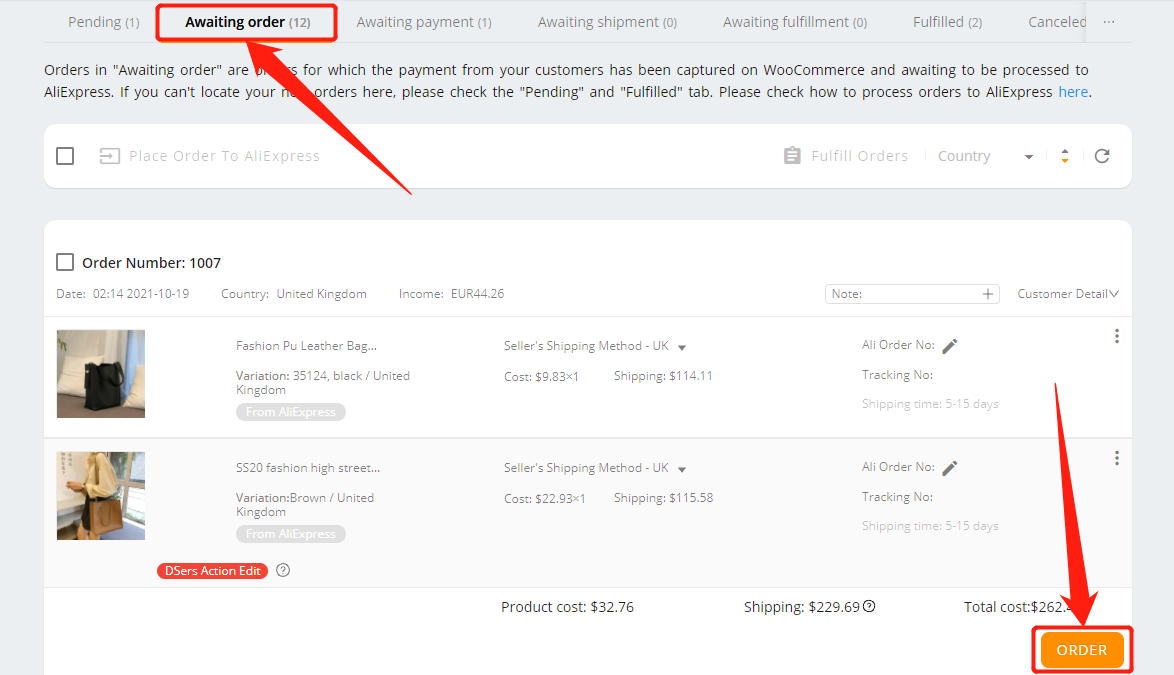 Re-order Awaiting fulfillment order - Re-order the order - Woo DSers