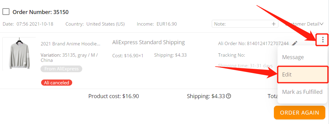 Re-order Awaiting payment orders - Edit - Woo DSers