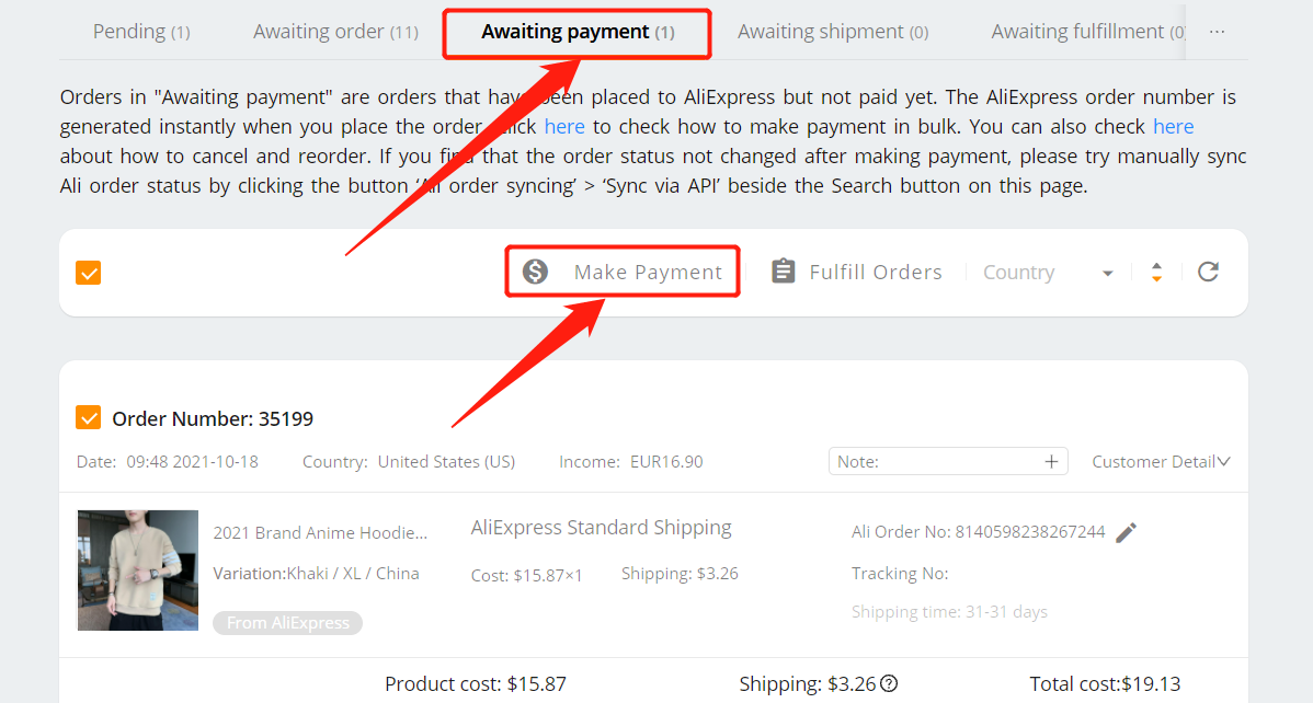 Re-order Awaiting payment orders - Make Payment - Woo DSers
