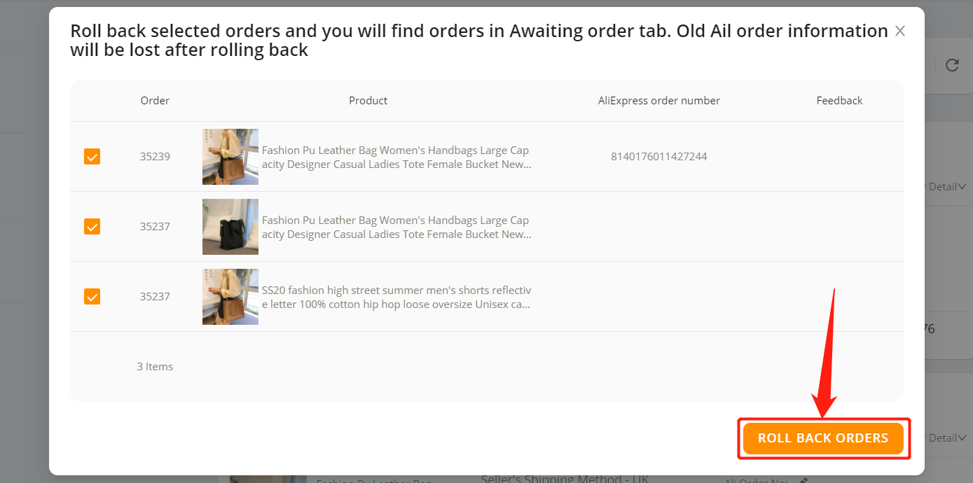 Re-order fulfilled orders - click on ROLL BACK ORDERS - Woo DSers